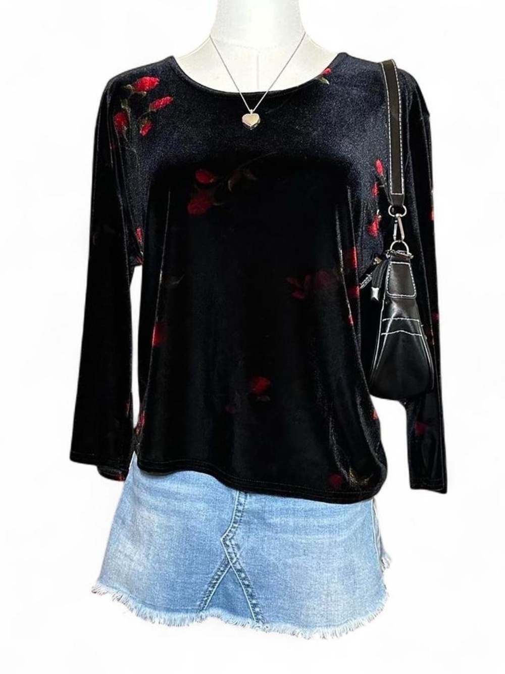 Vintage Velvet Black Top Floral Rose Print Whimsygoth 90s Dark Romantic